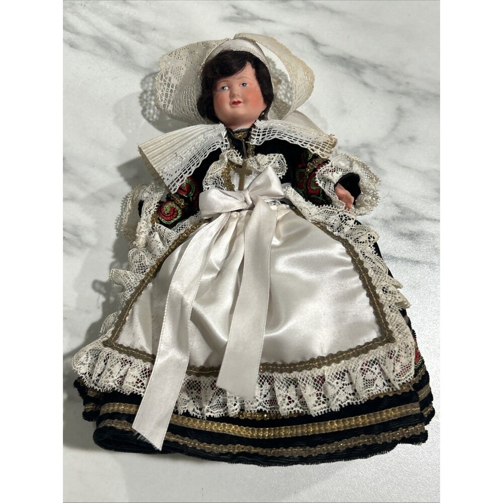 L' Hermine Vintage, French, Souvenir, Celluloid Doll, 8.5", Lace Headdress,